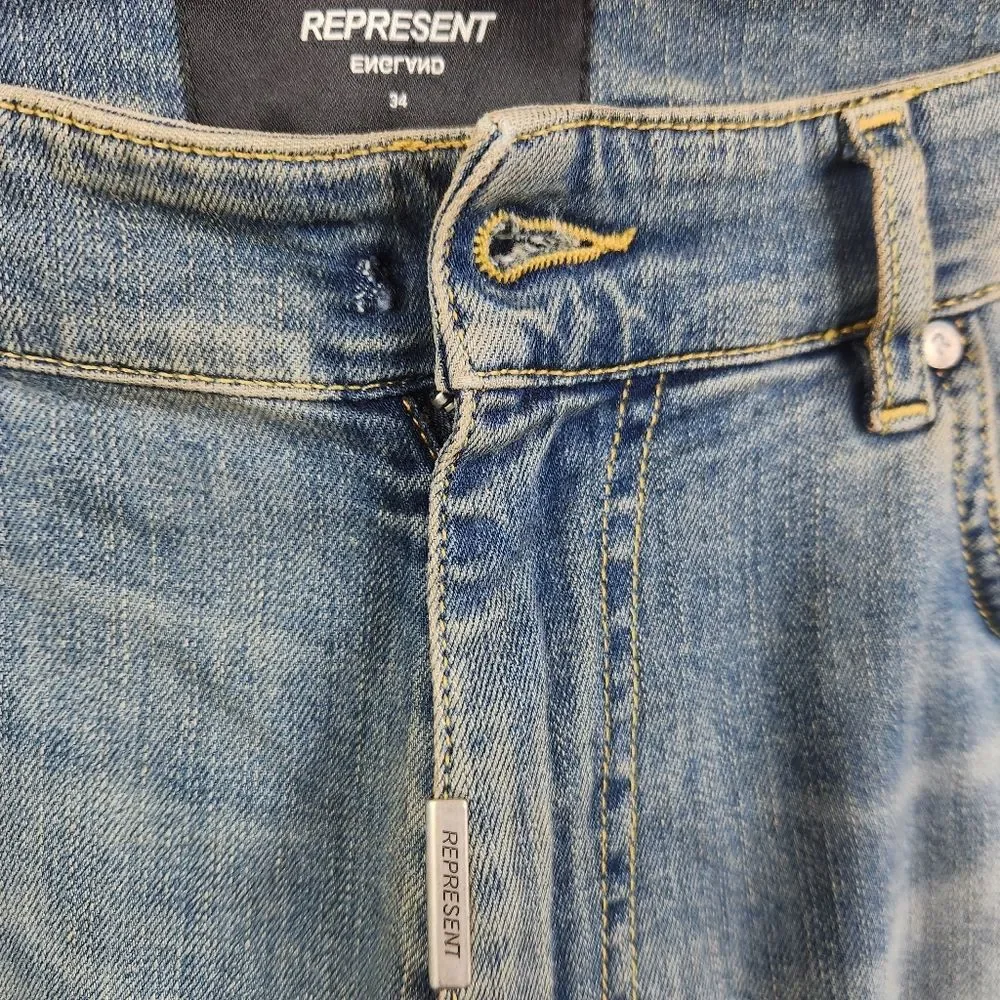 Represent Mens Underwork Denim Light Indigo Distressed Skinny Jeans 34